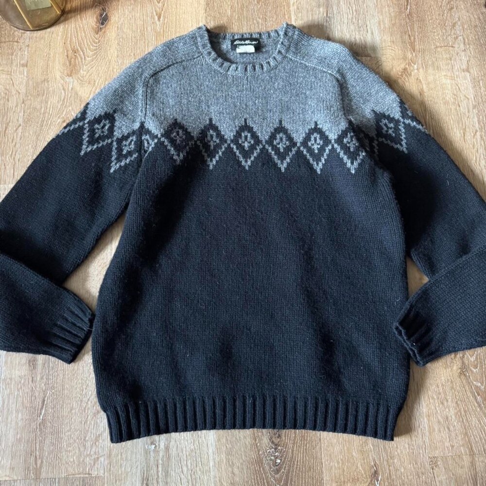 Vintage Eddie Bauer 90’s 100% Lambs Wool argyle gray and blue sweater size Large